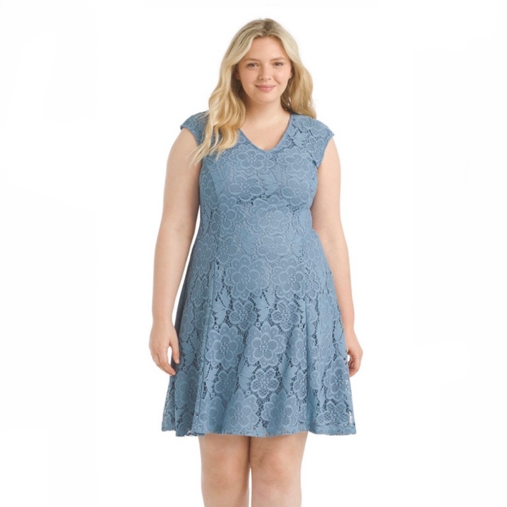 London Times Blue Lace Fit n Flare Dress
